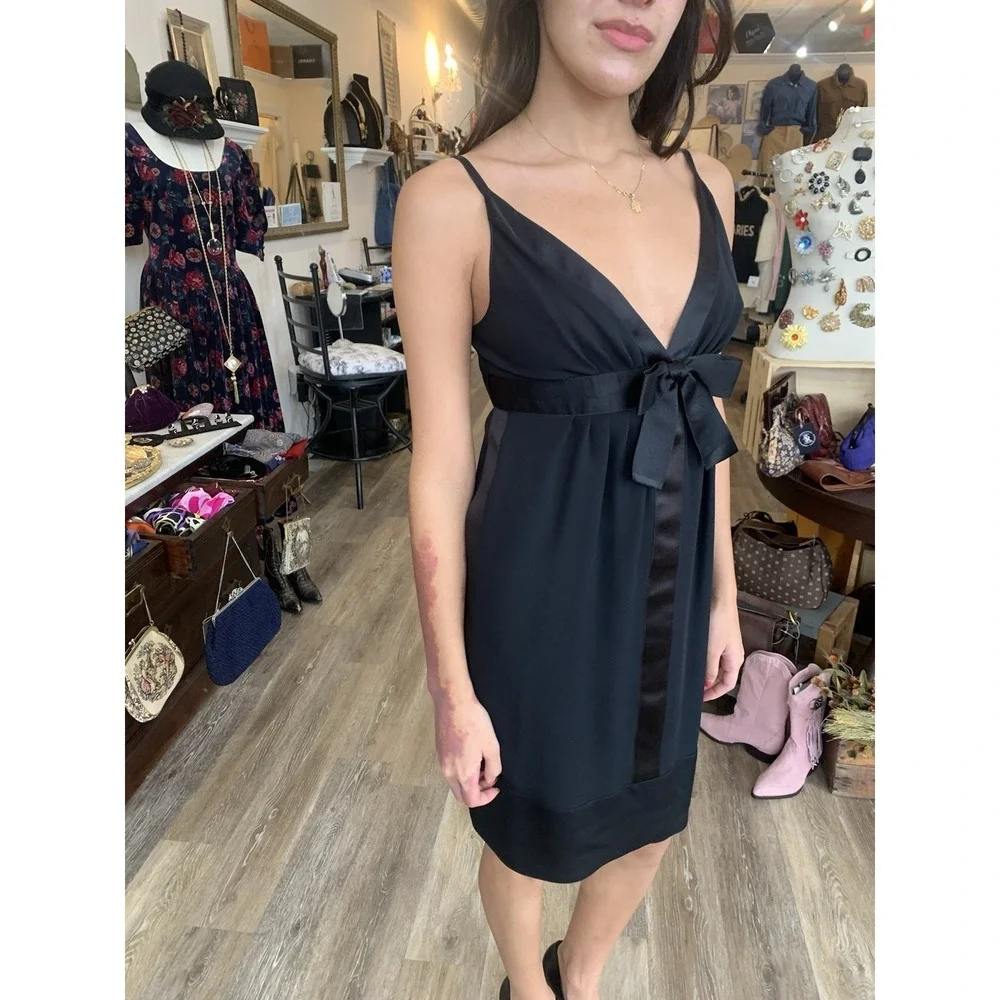 CHANEL BLACK SHEER SILK  SATIN BOW COCKTAIL DRESS 38